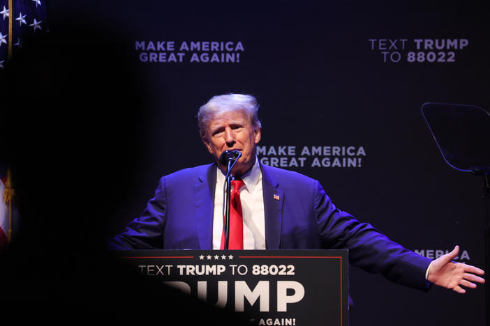 Former President Donald Trump speaks at the Adler Theatre on March 13, in Davenport, Iowa. On his platform Truth Social on Saturday morning, Trump cited "illegal leaks" that he will be arrested Tuesday.