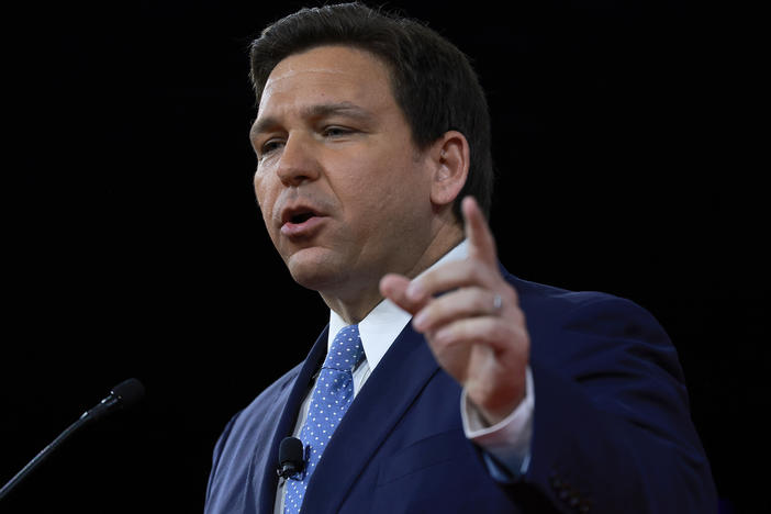 Florida Gov. Ron DeSantis, seen here on Feb. 24, signed a bill into law Monday that restricts the education of LGBTQ topics in the state's public schools.