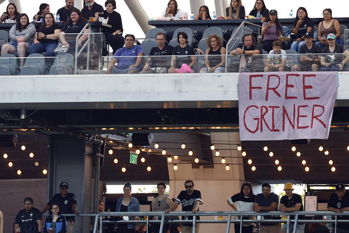 A sign calls for Britney Griner's release at a game between Portland Thorns FC and Angel City FC in Los Angeles earlier this month.