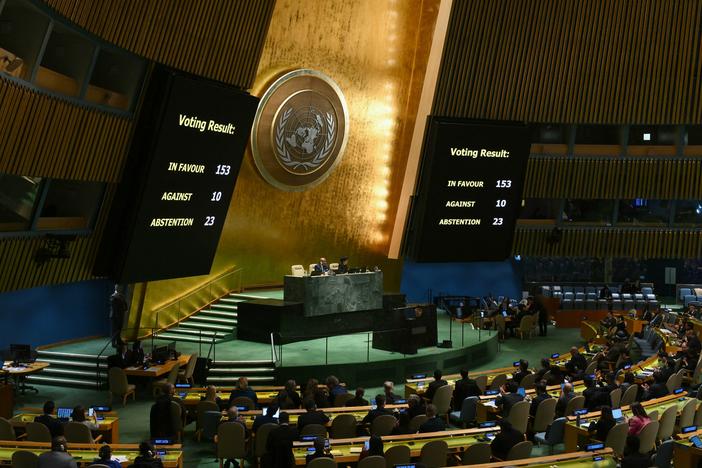 A general view shows voting results during a United Nations General Assembly meeting to vote on a non-binding resolution demanding "an immediate humanitarian ceasefire" in Gaza.