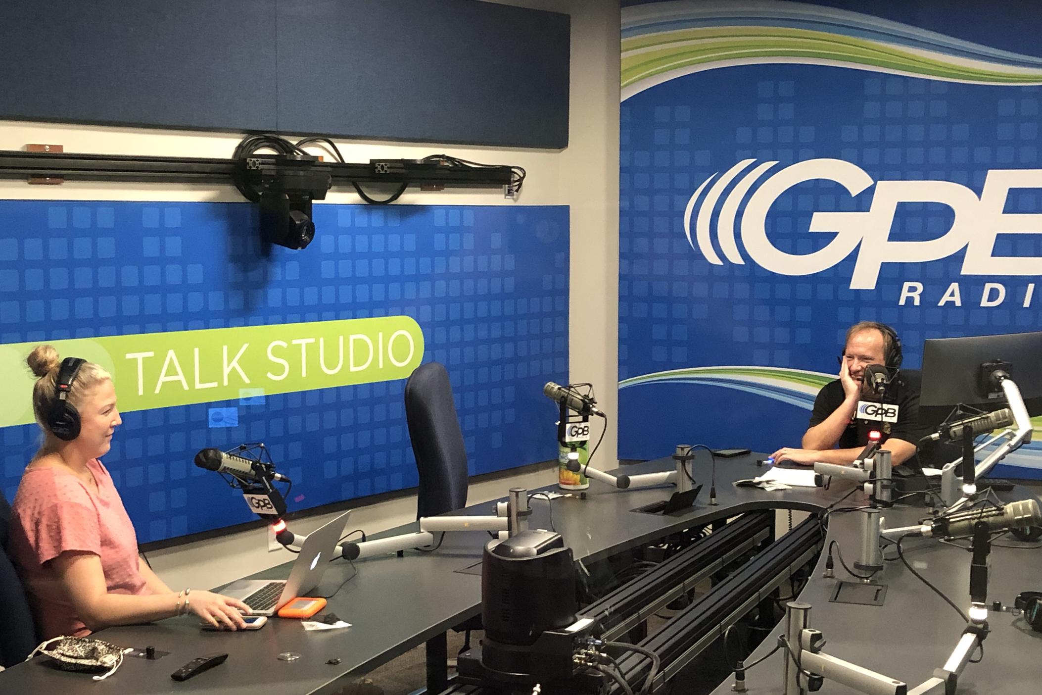 Hosts Hannah Goodin and Jon Nelson during a taping of the Football Fridays in Georgia podcast on September 28, 2020.