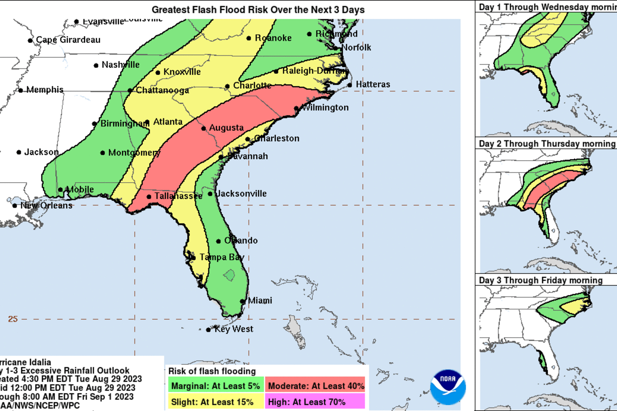 The National Weather Service predicts Georgia has up to a 40% greater risk for flash floods from Idalia caused by excessive rainfall through Friday, Sept. 1, 2023.  