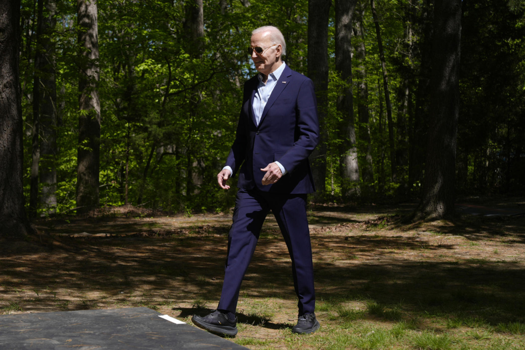 President Joe Biden arrives to speak at Prince William Forest Park on Earth Day, Monday, April 22, 2024, in Triangle, Va. Biden is announcing $7 billion in federal grants to provide residential solar projects serving low- and middle-income communities and expanding his American Climate Corps green jobs training program.