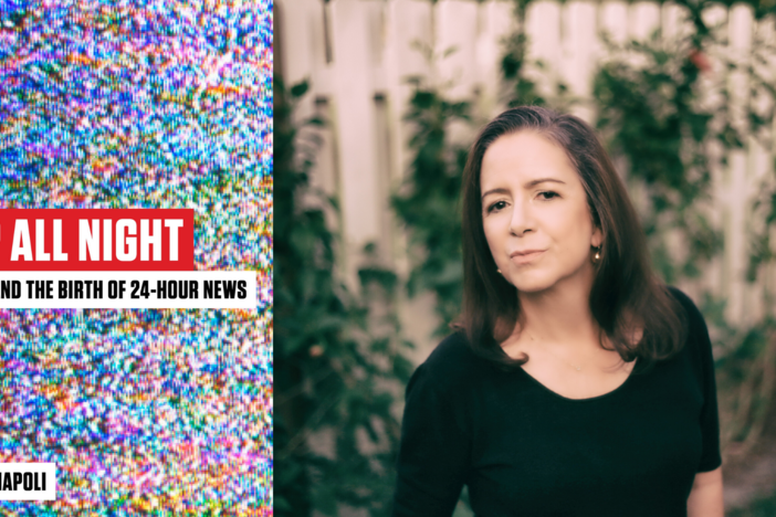 On the left, a cover of Lisa Napoli's book "Up All Night," which features multicolored pixelated background over the text "Up All Night: CNN and the Birth of 24-Hour News." On the right, a photo of Lisa Napoli.