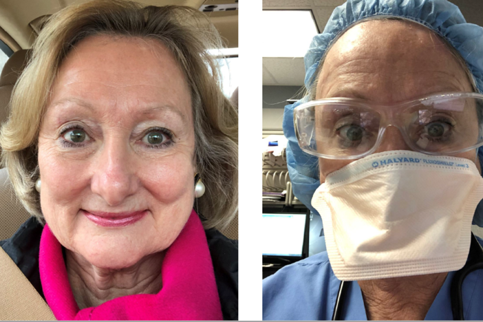 Dr. Patricia Meadors without PPE (left) and in full mask, googles and cap.