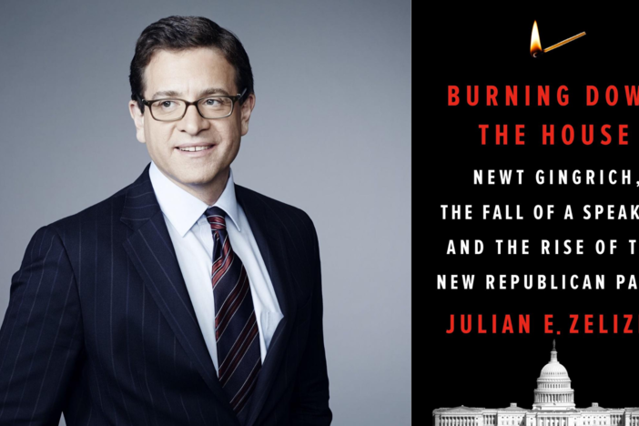 On the right, a photo of Julian Zelizer wearing glasses, a dark suit jacket, a white shirt and a tie looking slightly towards the left; on the right, a book cover for Zelizer's new book, "Burning Down The House" with a photo of the Capitol building at the bottom.