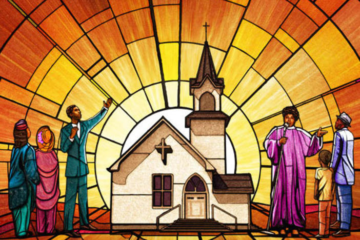 An illustration of people and a church in the style of a stained glass window.