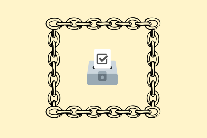 An illustration of a ballot box behind chains.
