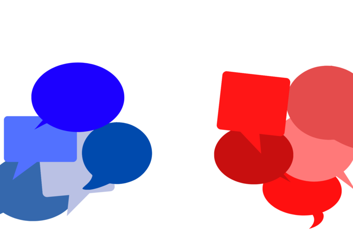 Illustration of red and blue speech bubbles.