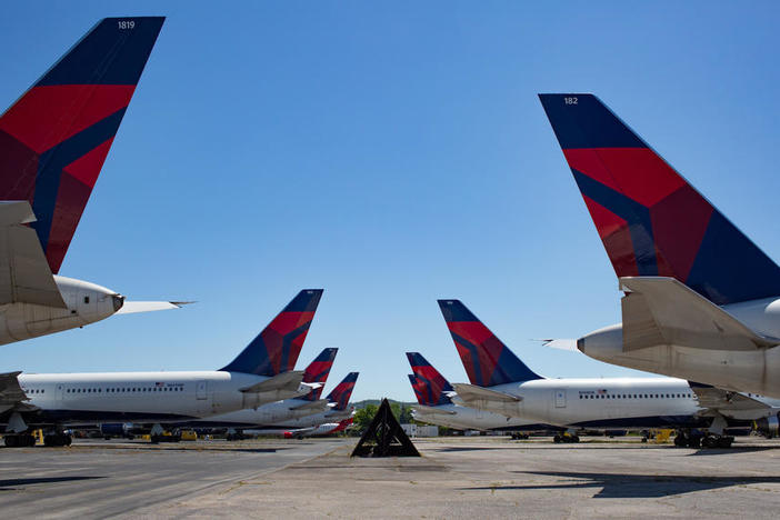 Dozens of Delta jets parked on the tarmac of the Birmingham-Shuttlesworth International Airport in 2020.