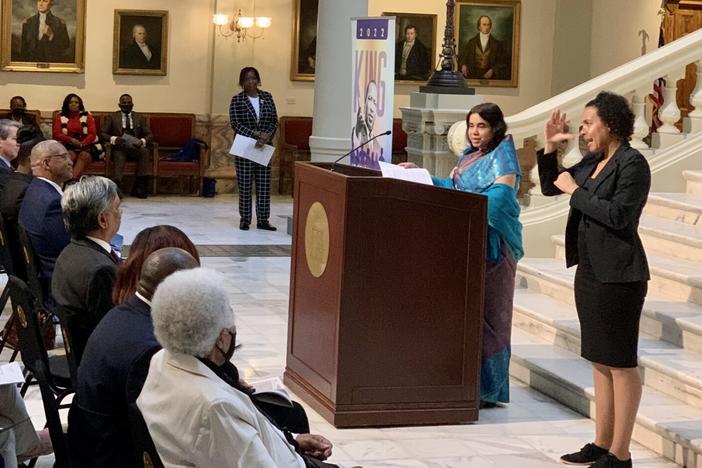  Swati Kulkarni, consulate general of India, Atlanta, describes how Martin Luther King Jr. and Mohandas Gandhi’s philosophy on nonviolent civil disobedience became a catalyst for social change. Kulkarni spoke at Friday’s celebration of King at the Georgia Capitol. 