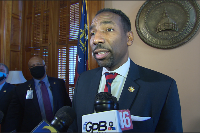 Atlanta Mayor Anthony Dickens talks to GPB Lawmakers and other media after his speech on the House floor on Monday, Jan. 24, 2022.