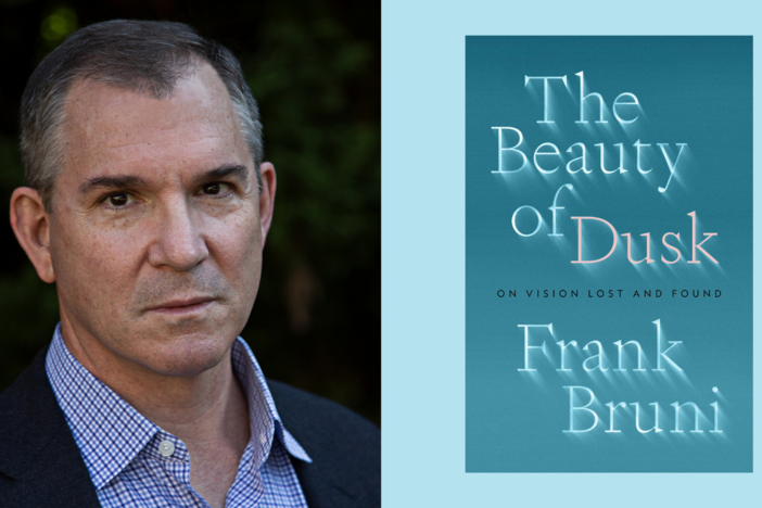 An illustration of author Frank Bruni next to the cover of his book, The Beauty of Dusk.