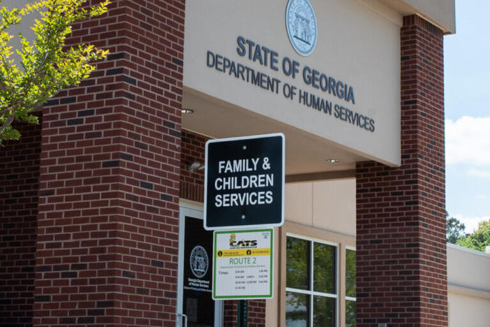 A sign shows the entrance to the Department of Family and Children Services in Canton, Ga. on April 22, 2022.