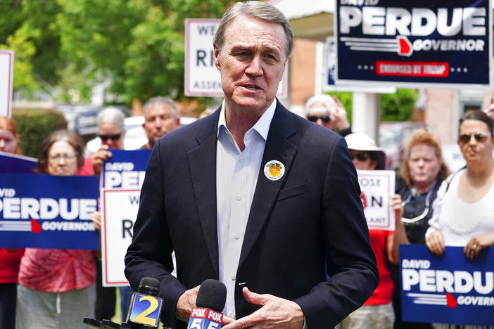 Republican candidate for Georgia Governor former U.S. Senator David Perdue speaks Tuesday, May 3, 2022, in Rutledge, Ga. A Georgia judge has dismissed a lawsuit on Wednesday, May 11, filed by former U.S. Sen. Perdue that alleged fraudulent or counterfeit ballots were counted in the state’s most populous county during the 2020 general election. Perdue filed the lawsuit in December a few days after he announced that he would be challenging Gov. Brian Kemp in the Republican primary. 