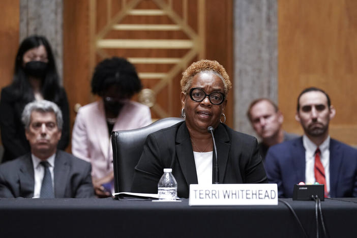 Terri Whitehead, the former jail administrator at the U.S. Penitentiary in Atlanta, testifies as the Senate Permanent Subcommittee On Investigations holds a hearing on charges of corruption and misconduct at the prison, at the Capitol in Washington, Tuesday, July 26, 2022.