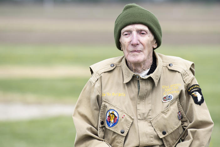 Jim "Pee Wee" Martin is shown at age 100 in military uniform.