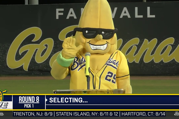 Savannah Bananas mascot Split at the “Banana Ball World Tour Draft,” where locations were announced for the team's 2023 schedule.