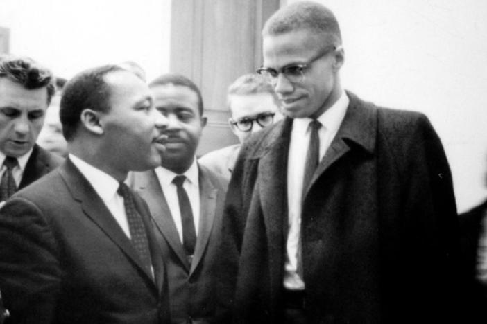 Civil rights leaders Martin Luther King Jr. and Malcom X are shown in a meeting during the 1960s.