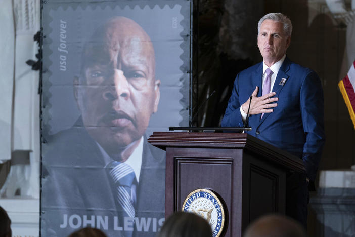 Speaker of the House Kevin McCarthy of Calif., speaks during the stamp unveiling ceremony in honor of Rep. John Lewis on Capitol Hill, Wednesday, June 21, 2023, in Washington. 