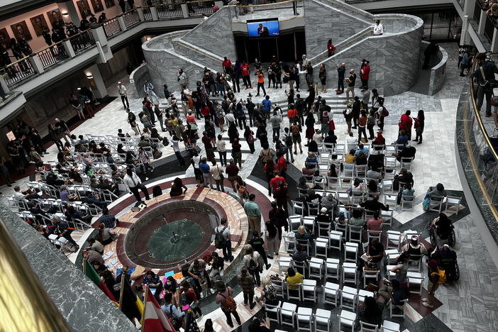 More than 350 people signed up to speak in a period of public comment at Atlanta City Hall on June 5, 2023 as a City Council meeting and vote held in the chambers is broadcast to the atrium of the building. 