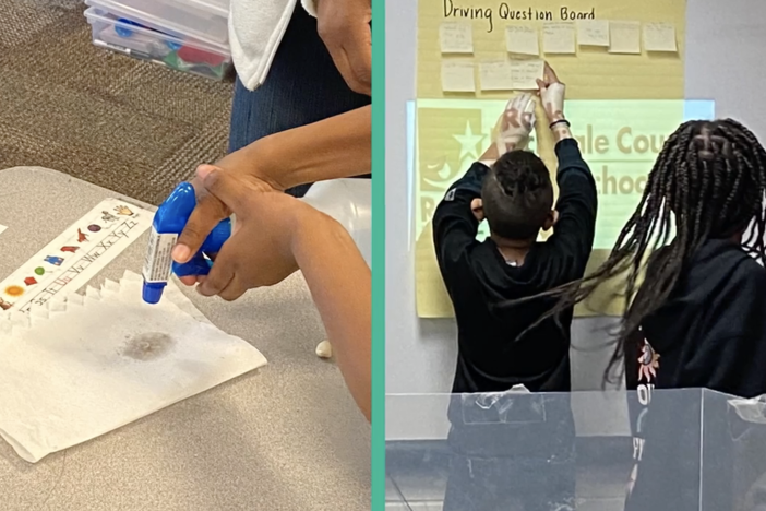 Split screen shows a student performing a science experiment on the left and two students adding their 'driving questions' to a white board screen on the right. 