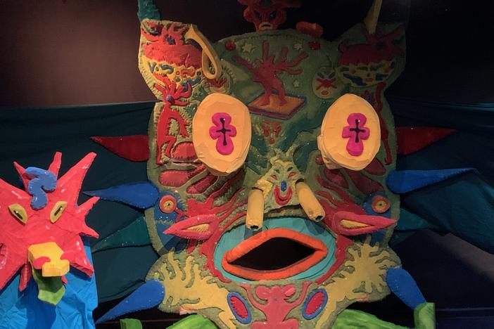 Art pieces from Poncili Creación exhibit at the Center for Puppetry Arts.