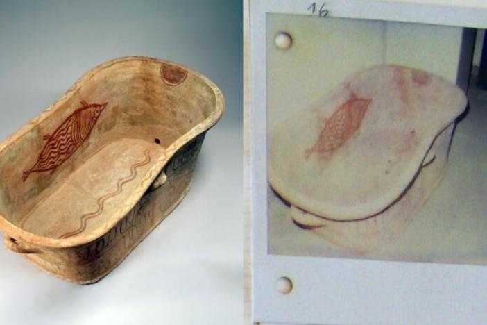The "Larnax" at the Carlos (left) and a confiscated photo (right) suggesting the funeral tub's link to the illicit antiquities trade.