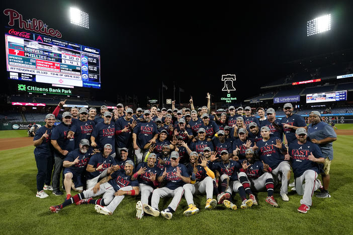 The Atlanta Braves pose for a team photo after clinching their sixth consecutive NL East title by defeating the Philadelphia Phillies in a baseball game, Wednesday, Sept. 13, 2023, in Philadelphia. 
