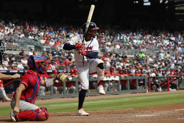 Braves second baseman Ozzie Albies at bat during a game against the Philadelphia Phillies at Truist Park, September 20, 2023.