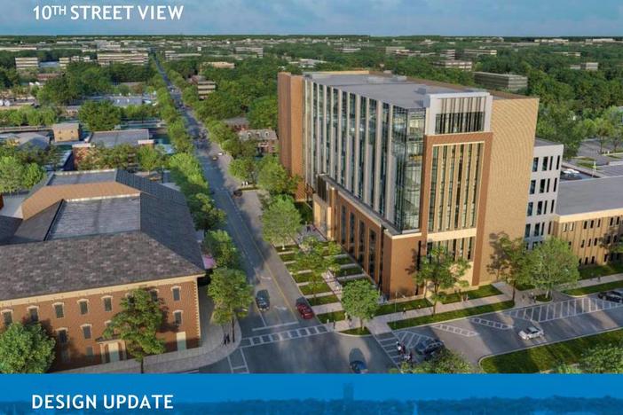 This rendering, from a design update presented to Columbus Councilors on Oct. 10, 2023, shows the new judicial center across 10th Street from the Springer Opera House.