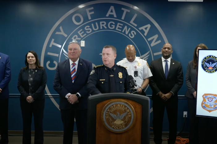 Atlanta Police Chief Darin Schierbaum, center, announced a $200,000 reward leading to the arrests and convictions of arson suspects allegedly protesting the construction of the city’s public safety training center. (Screen capture)