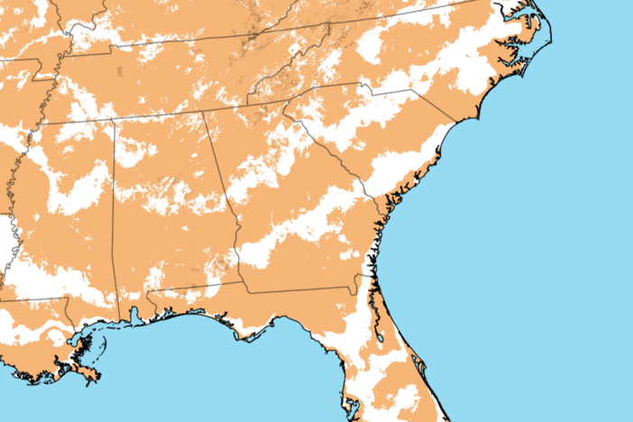 The 2023 Plant Hardiness Zone Map shows shifting zones in much of Georgia. Areas in orange and brown saw a warming of their average lowest winter temperature range, compared to 2012. White denotes no change.
