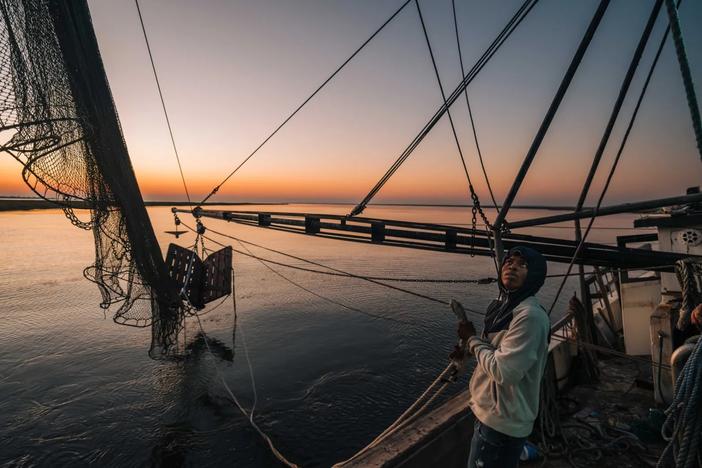 In the early morning light, deckhand Aron Drake assists in preparing the nets for a day of shrimping. Credit:Justin Taylor/The Current