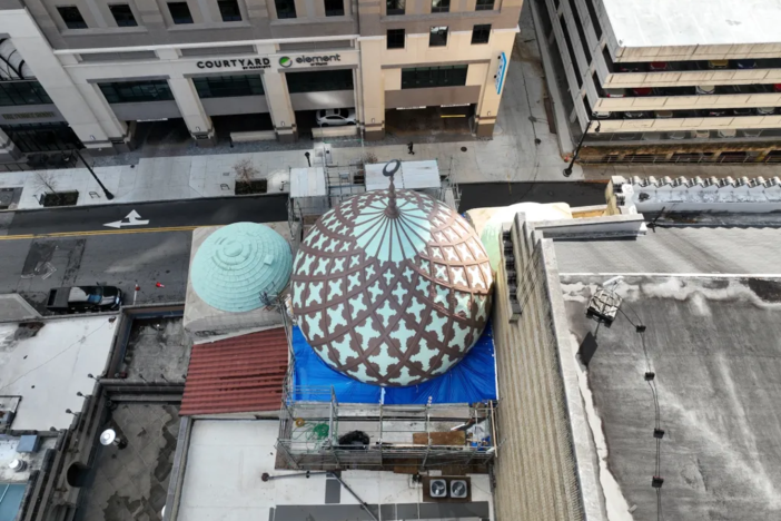 The nearly century-old Onion Dome atop the Fox Theatre undergoing renovation in 2023.