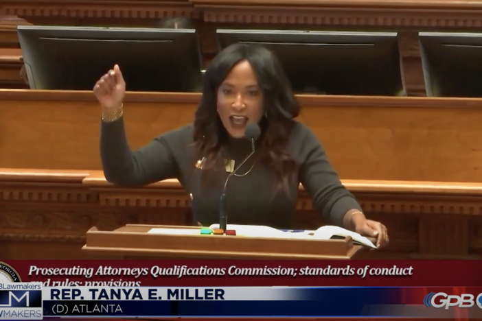 Rep. Tanya E. Miller (D-Atlanta) speaks against HB 881 on the floor of the Georgia House of Representatives on Jan. 29, 2024.