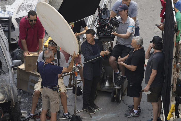 Cast member Mark Ruffalo works during the filming of "Avengers: Infinity War, Wednesday, July 5, 2017, in Atlanta. Georgia lawmakers said on Wednesday Feb. 7, 2024 that moviemakers should be required to do more than just show a peach at the end of the credits to get the top benefit from Georgia's lucrative film tax credit. 