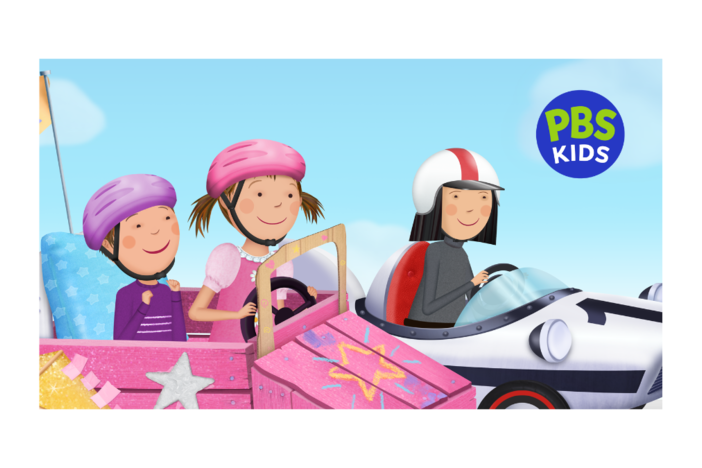 Pinkalicious and friends are driving the go-carts they built