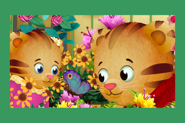 Daniel Tiger and Margaret Tiger are surrounded by flowers and butterflies