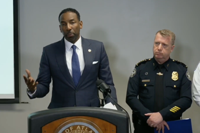 Mayor Andre Dickens and Police Chief Darin Schierbaum at the April 17 press conference.