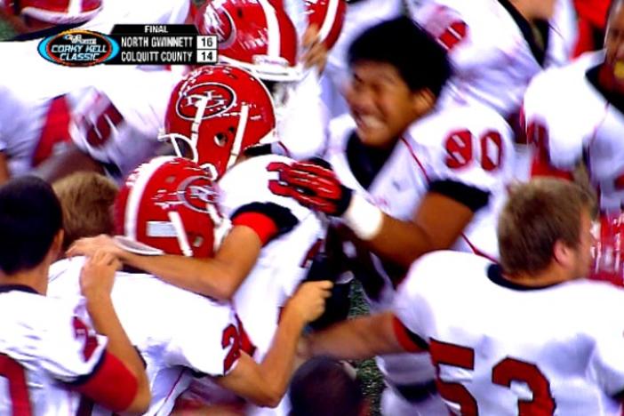 The North Gwinnett Bulldogs celebrate a touchdown in the 2012 Corky Kell Classic.