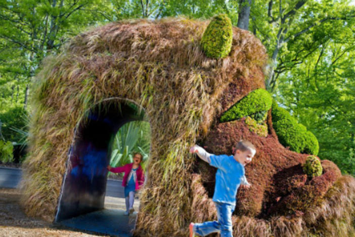 Kids can run through the giant ogre, one of the featured plant sculptures of Imaginary Worlds. Photo Atlanta Botanical Garden.