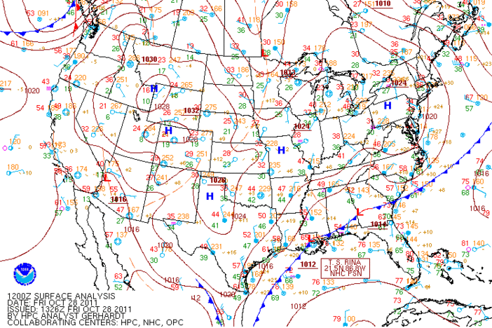 October 28, 2011 Surface Map, Courtesy of the Hydrological Prediction Center and NOAA