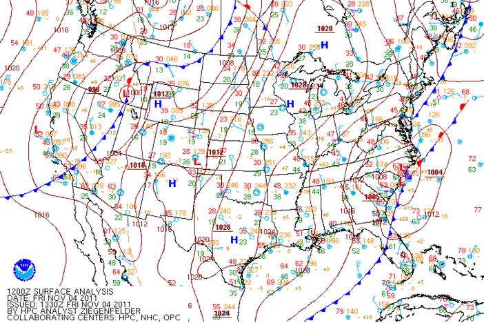 US Surface Weather Map, Courtesy of the Hydrological Prediction Center and NOAA