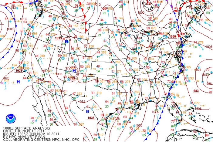 US Surface Weather Map, Courtesy of the Hydrological Prediction Center and NOAA