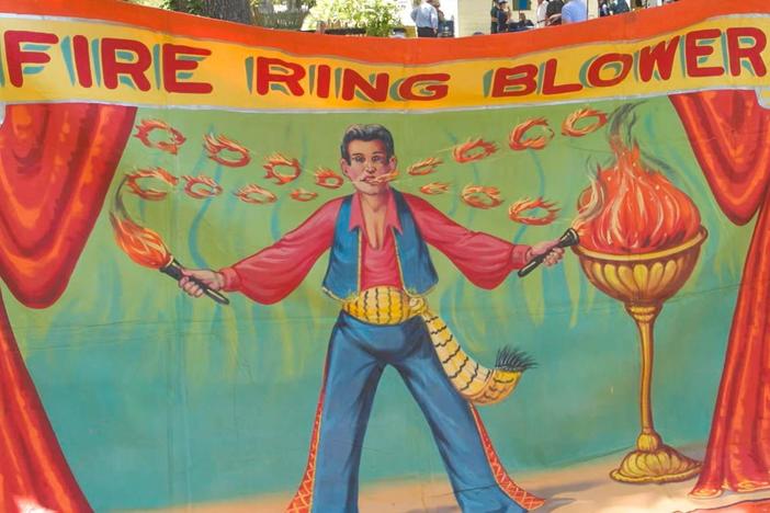 Appraisal: Fred Johnson 'Fire Ring Blower' Circus Banner, ca. 1940