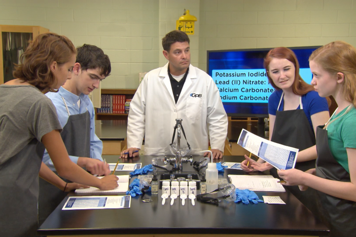 During this segment, the students perform a lab to test and identify four unknown samples.