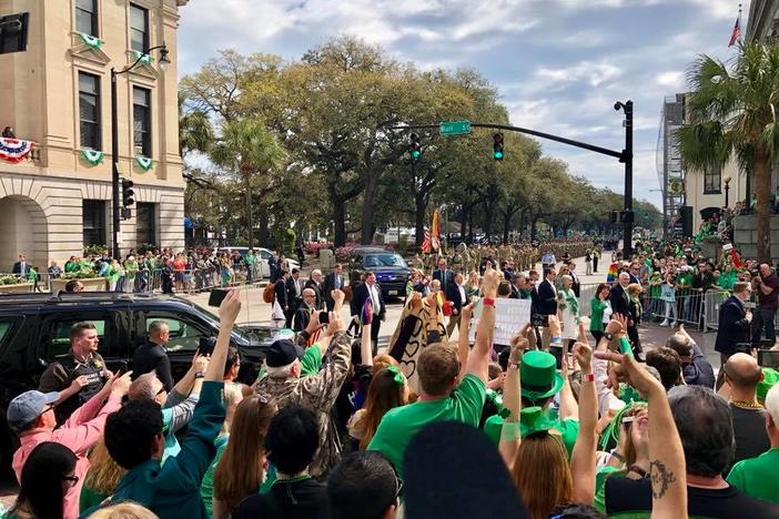 Vice President Mike Pence and Savannah officials marching in the 2018 St. Patrick's Day Parade