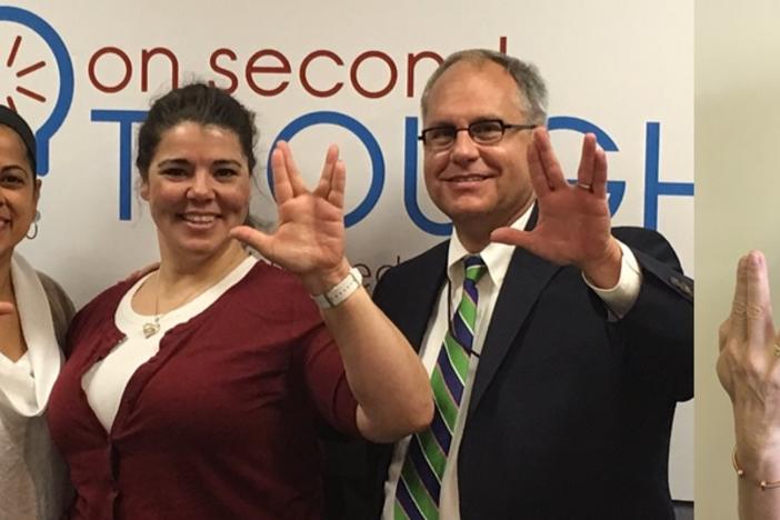 In honor of the 50th anniversary of Star Trek, the Breakroom panel does the Vulcan 'live long and prosper' sign. L-R: Kathy Lohr, Roxanne Donovan, Celeste Headlee, Jeff Breedlove, and Jessica Leigh Lebos.