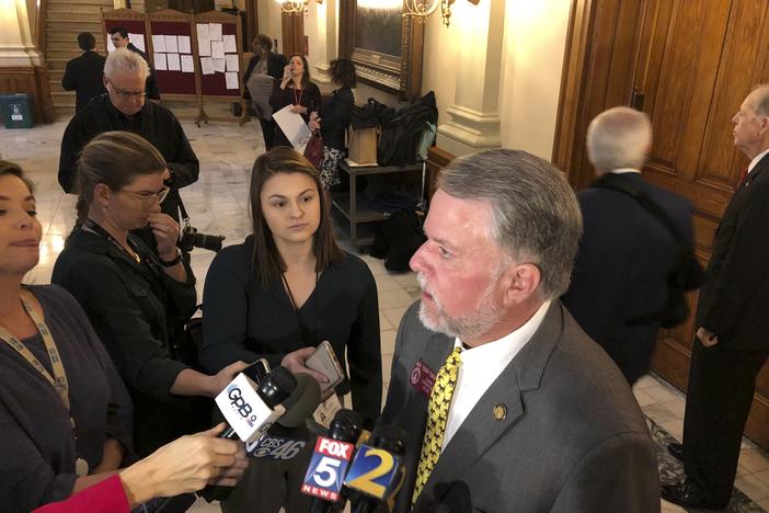 House Appropriations Committee Chairman Terry England speaks to reporters Tuesday, Feb. 18, 2020, at the Georgia Capitol in Atlanta, after his committee passed an amended midyear budget.